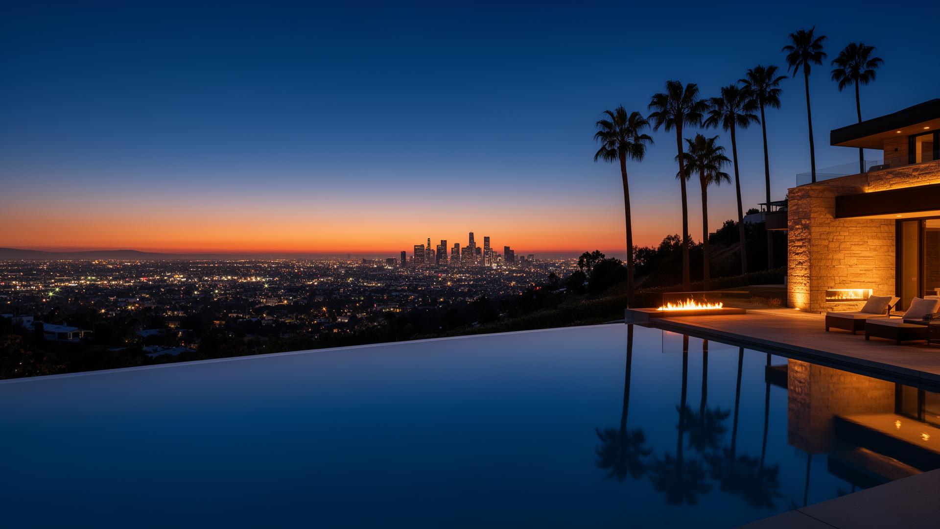 Luxury infinity pool overlooking Los Angeles at sunset